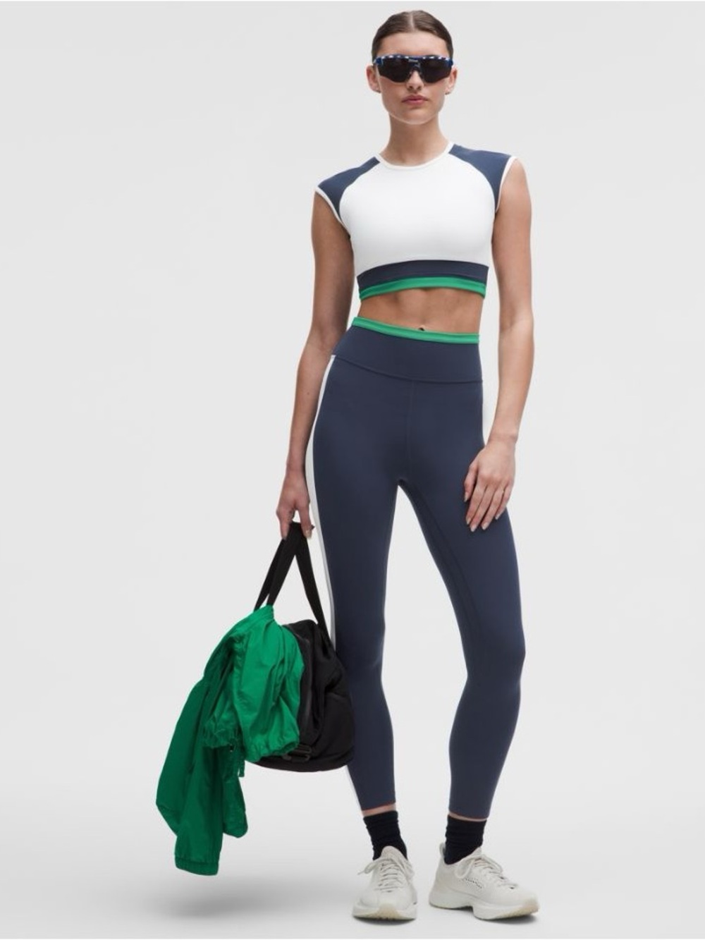Lululemon Colorblock Athletic Crop Top — White, Navy & Green
